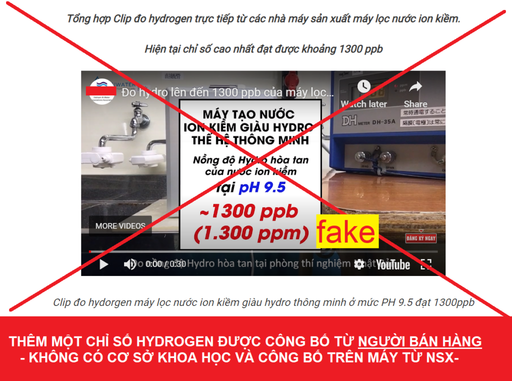 Chỉ số Hydrogen mang tính chất "Bán hàng" mà không có chứng thực từ nhà sản xuất của 1 nhãn ion kiềm truyền thông Nhật Bản nhưng sản xuất tại Hàn Quốc