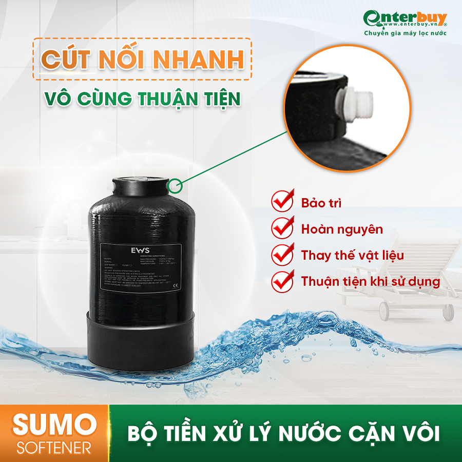 Bộ tiền xử lý nước chống cặn Ews Sumo Softener chuyên xử lý cặn canxi có cút nối nhanh an toàn