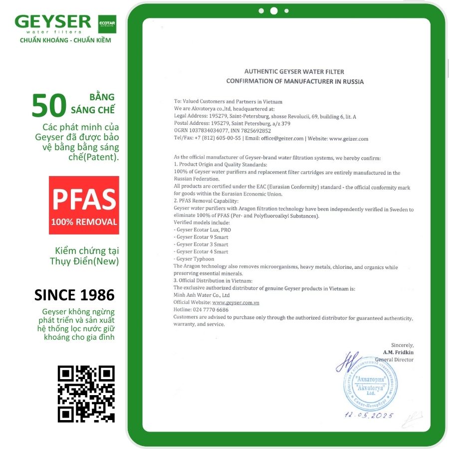 Chứng nhận khả năng xử lý PFAS (Các hóa chất vĩnh cửu) và tiêu chuẩn EAC (Tiêu chuẩn chất lượng châu Âu) của máy lọc nước Geyser
